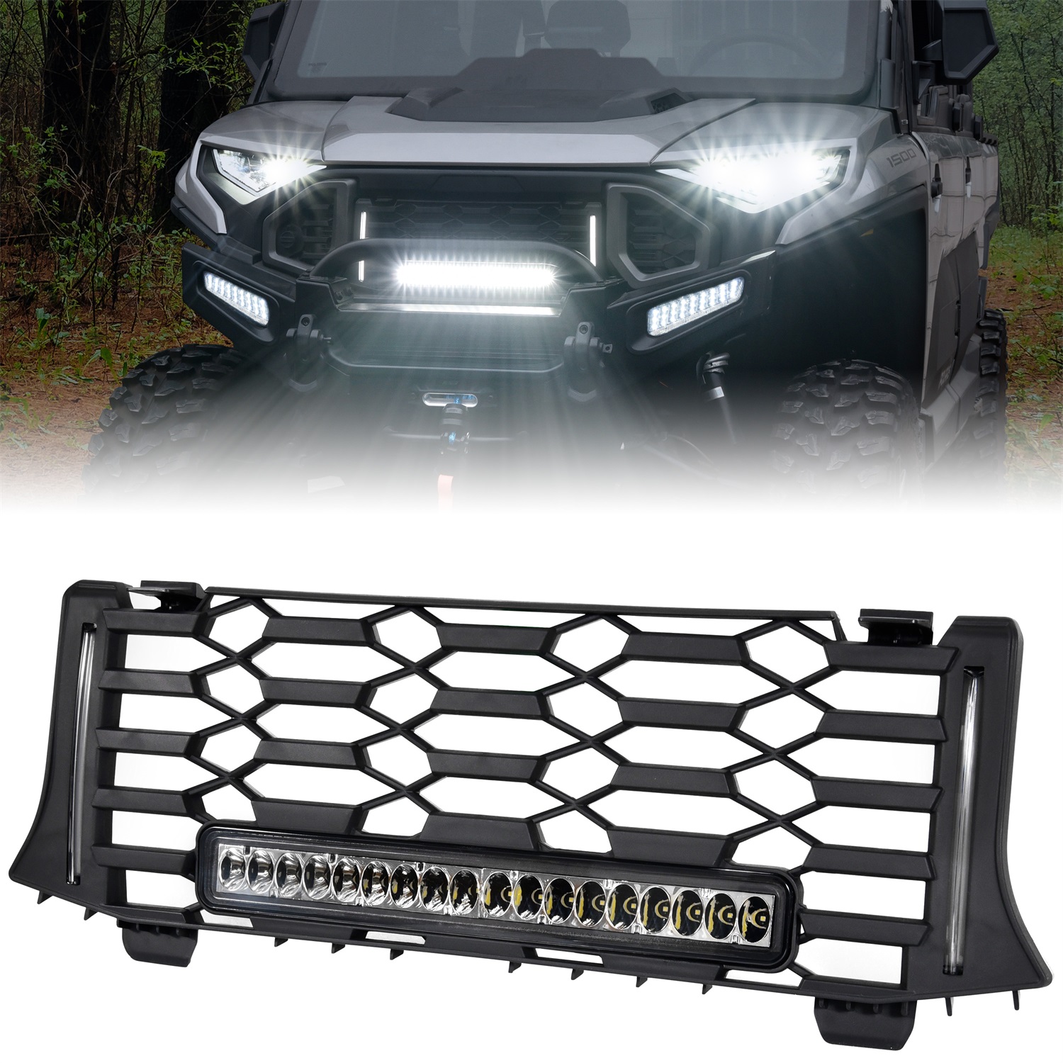 Front Mesh Grill with LED Spotlight Left Right DRL for Polaris Ranger XD 1500 Premium/Northstar Edition 2024 2025
